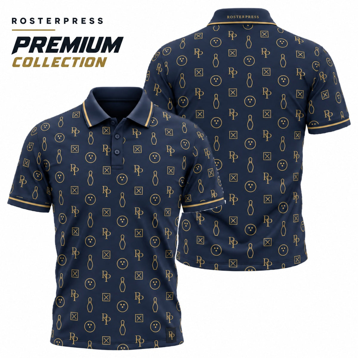 Rosterpress RP Monogram Lanes Navy Gold premium bowling polo