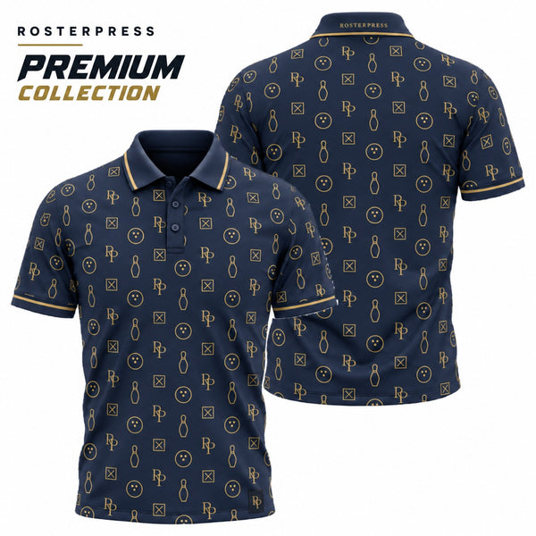 Rosterpress RP Monogram Lanes Navy Gold premium bowling polo