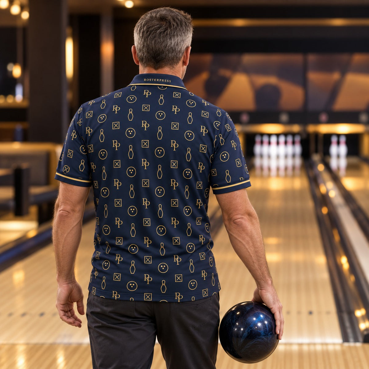 Rosterpress RP Monogram Lanes Navy Gold premium bowling polo - model back