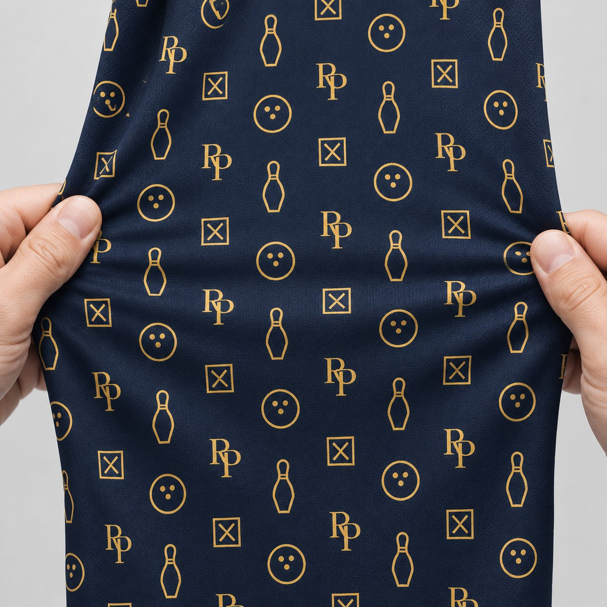 Rosterpress RP Monogram Lanes Navy Gold premium bowling polo - stretch