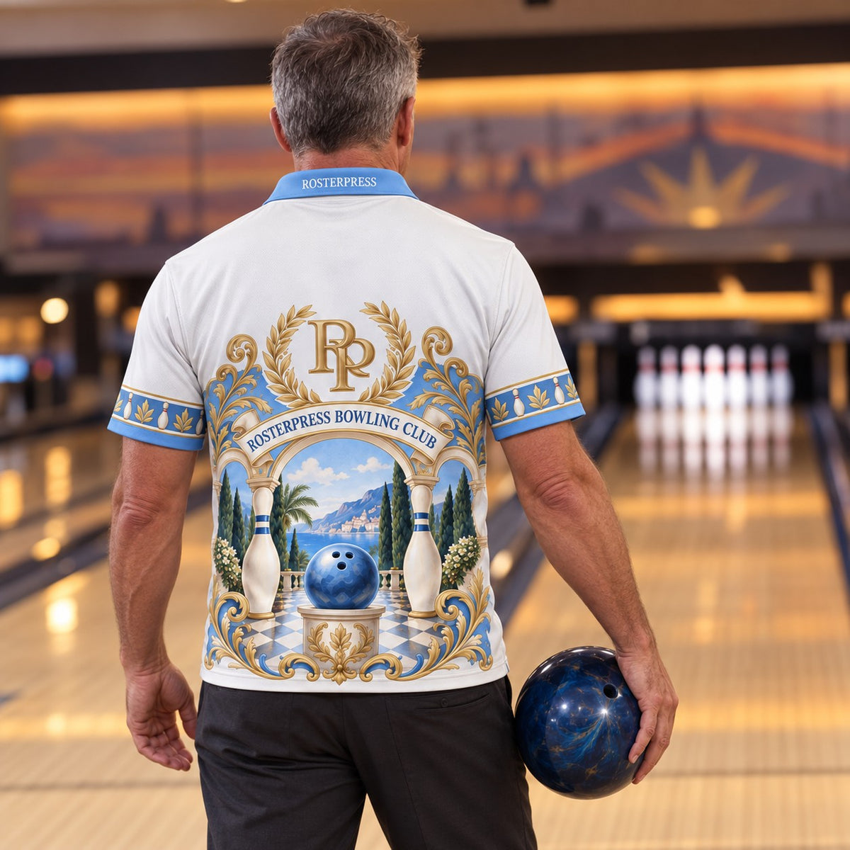Rosterpress Riviera Club Sky Blue premium bowling polo - model back