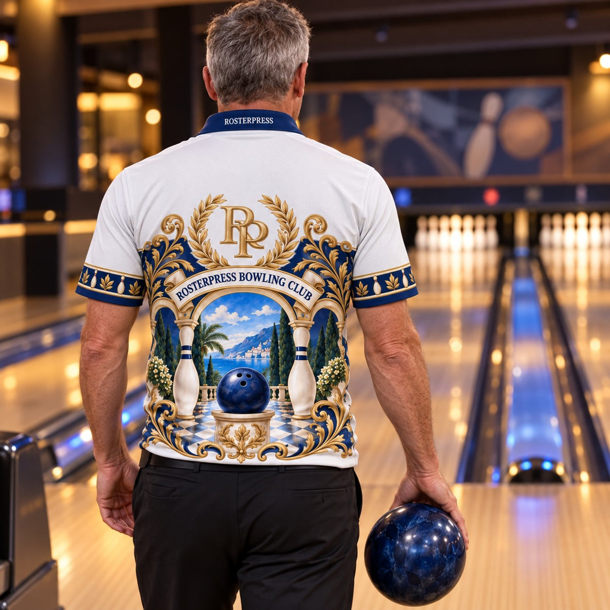 Rosterpress Riviera Club Navy premium bowling polo - model back