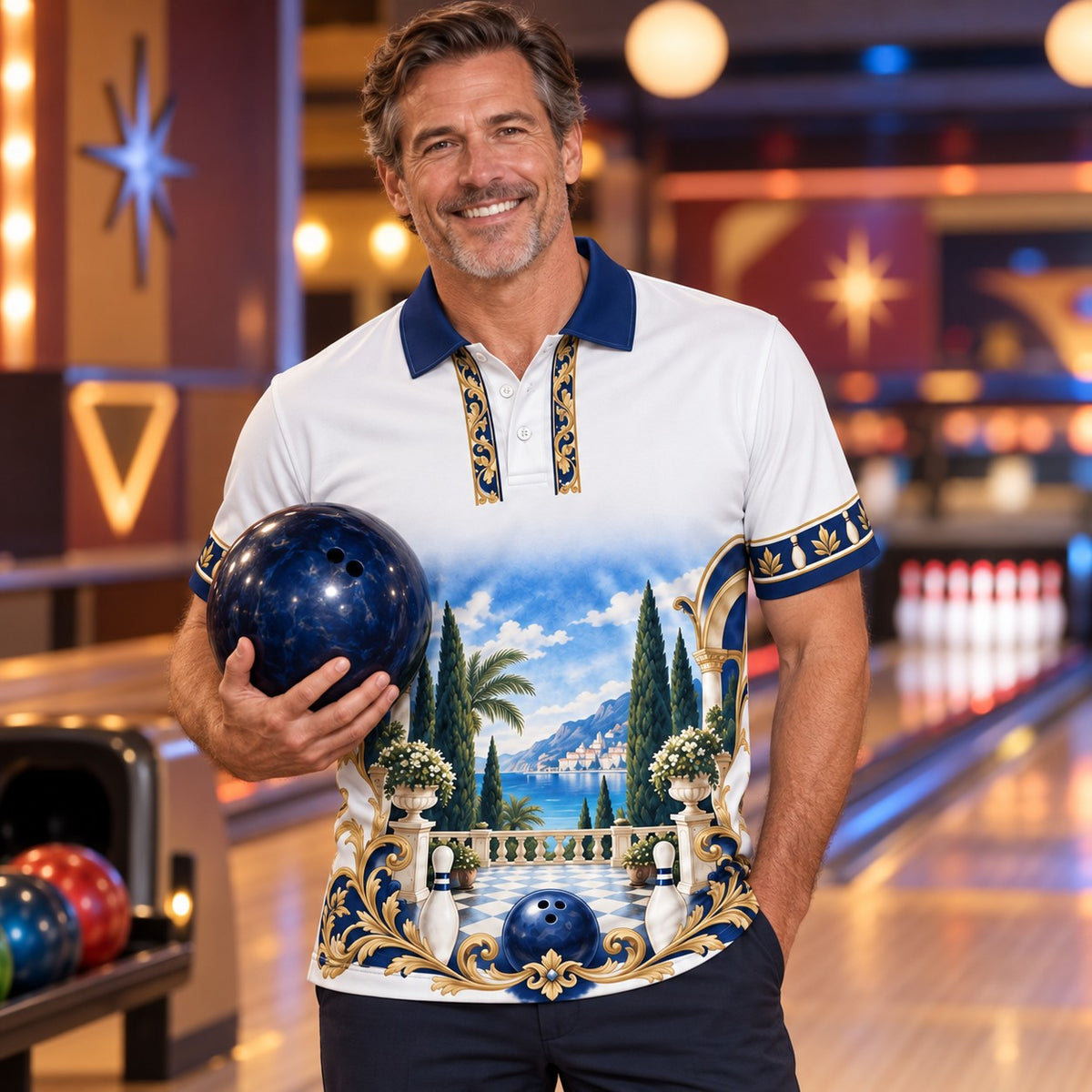 Rosterpress Riviera Club Navy premium bowling polo - model front