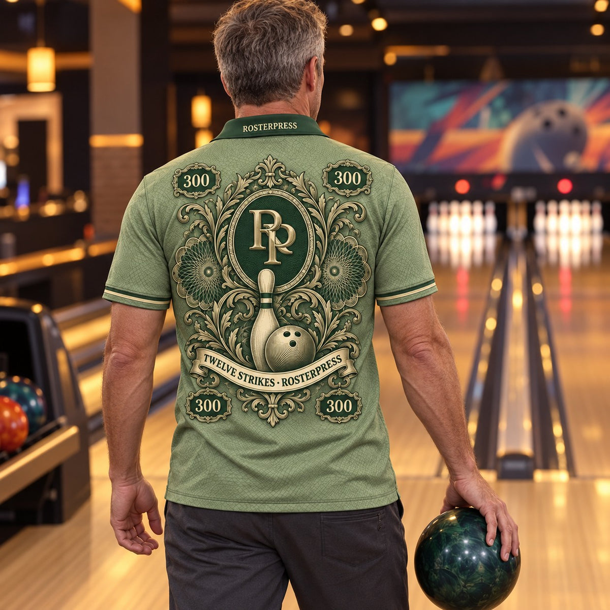 Rosterpress Twelve Strikes Note premium bowling polo - model back